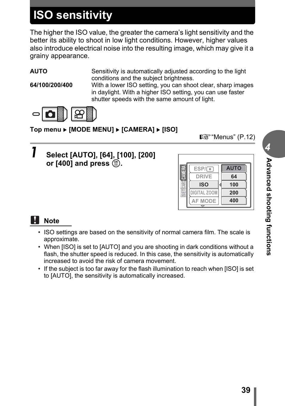 Iso sensitivity | Olympus C-1 User Manual | Page 39 / 158