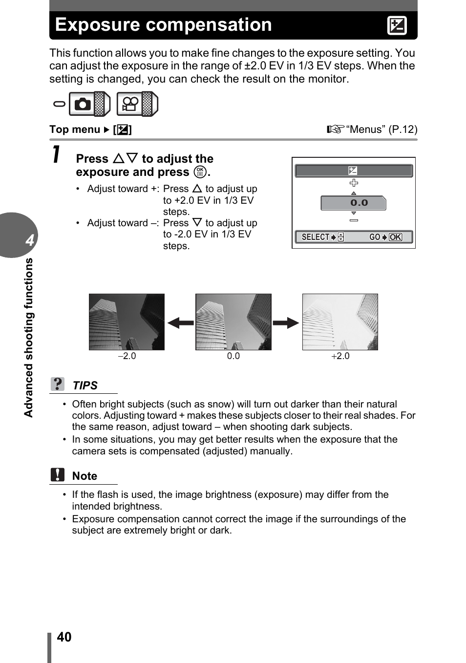 Exposure compensation, P.40 | Olympus C-1 User Manual | Page 40 / 158