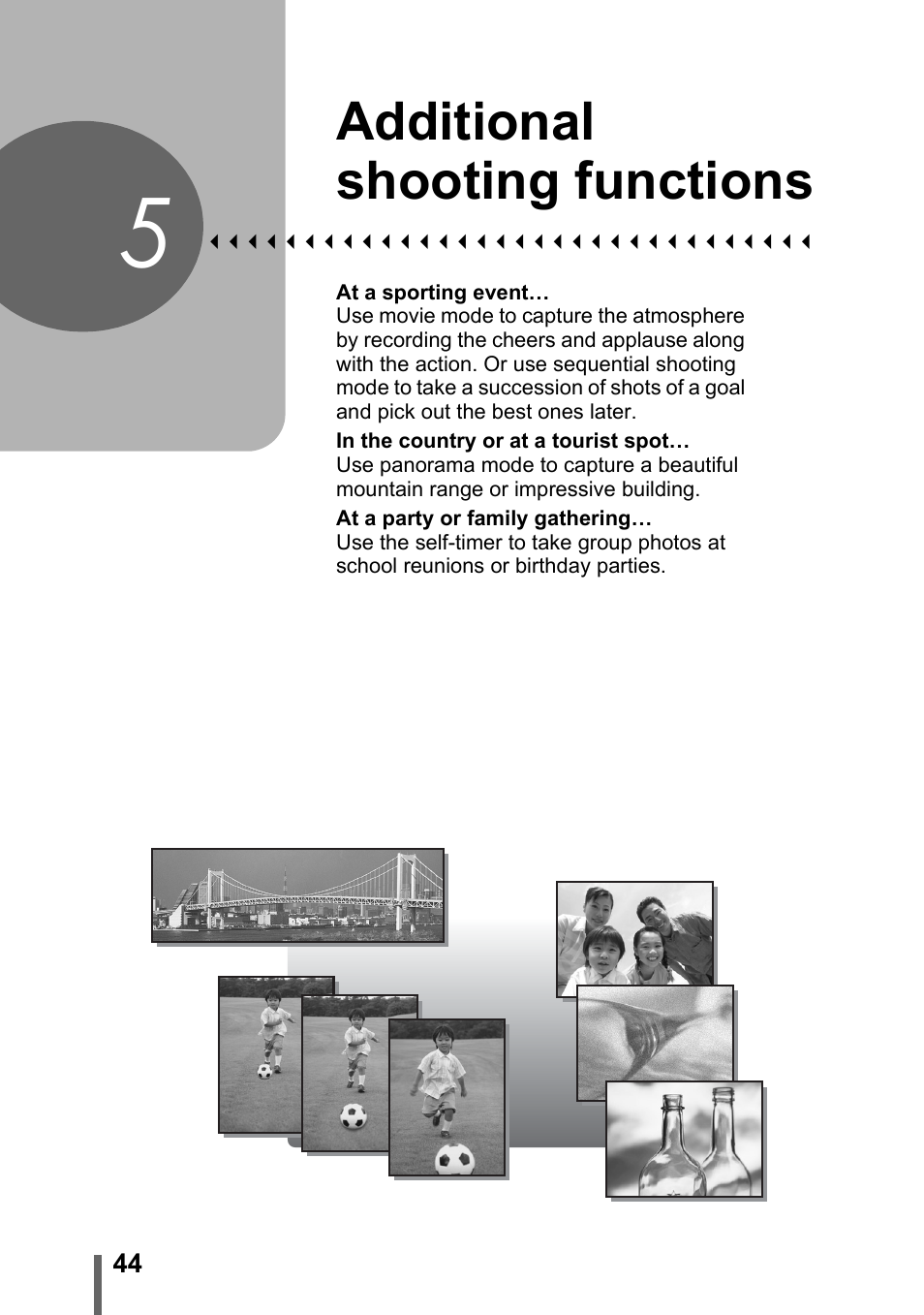 5 additional shooting functions, Additional shooting, Functions | P.44, Additional shooting functions | Olympus C-1 User Manual | Page 44 / 158