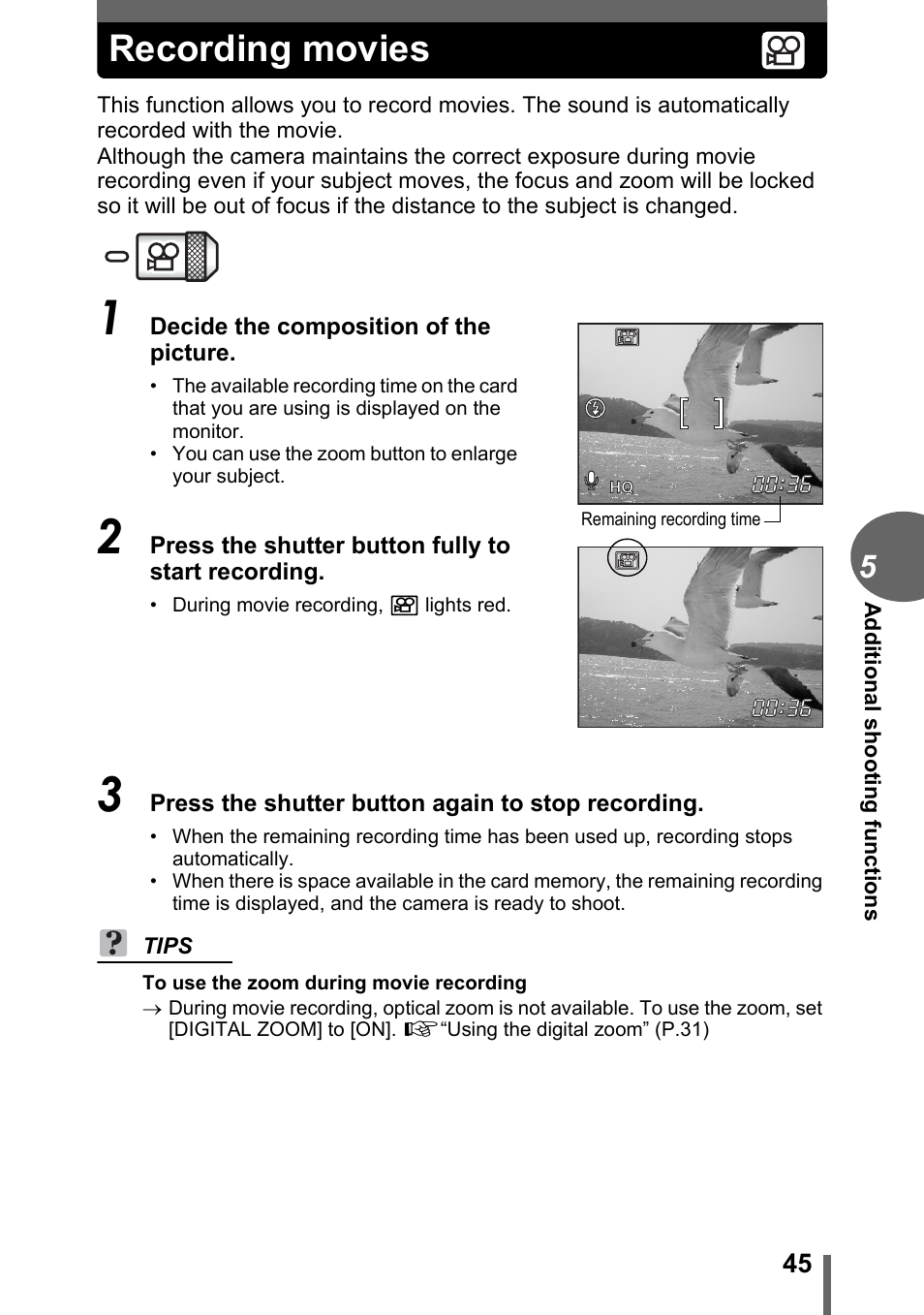 Recording movies | Olympus C-1 User Manual | Page 45 / 158