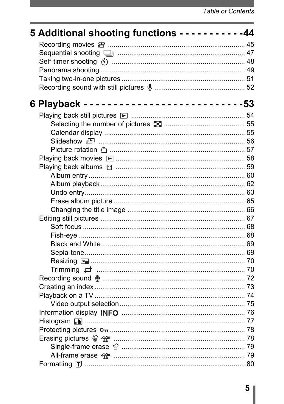 5 additional shooting functions, 6 playback | Olympus C-1 User Manual | Page 5 / 158