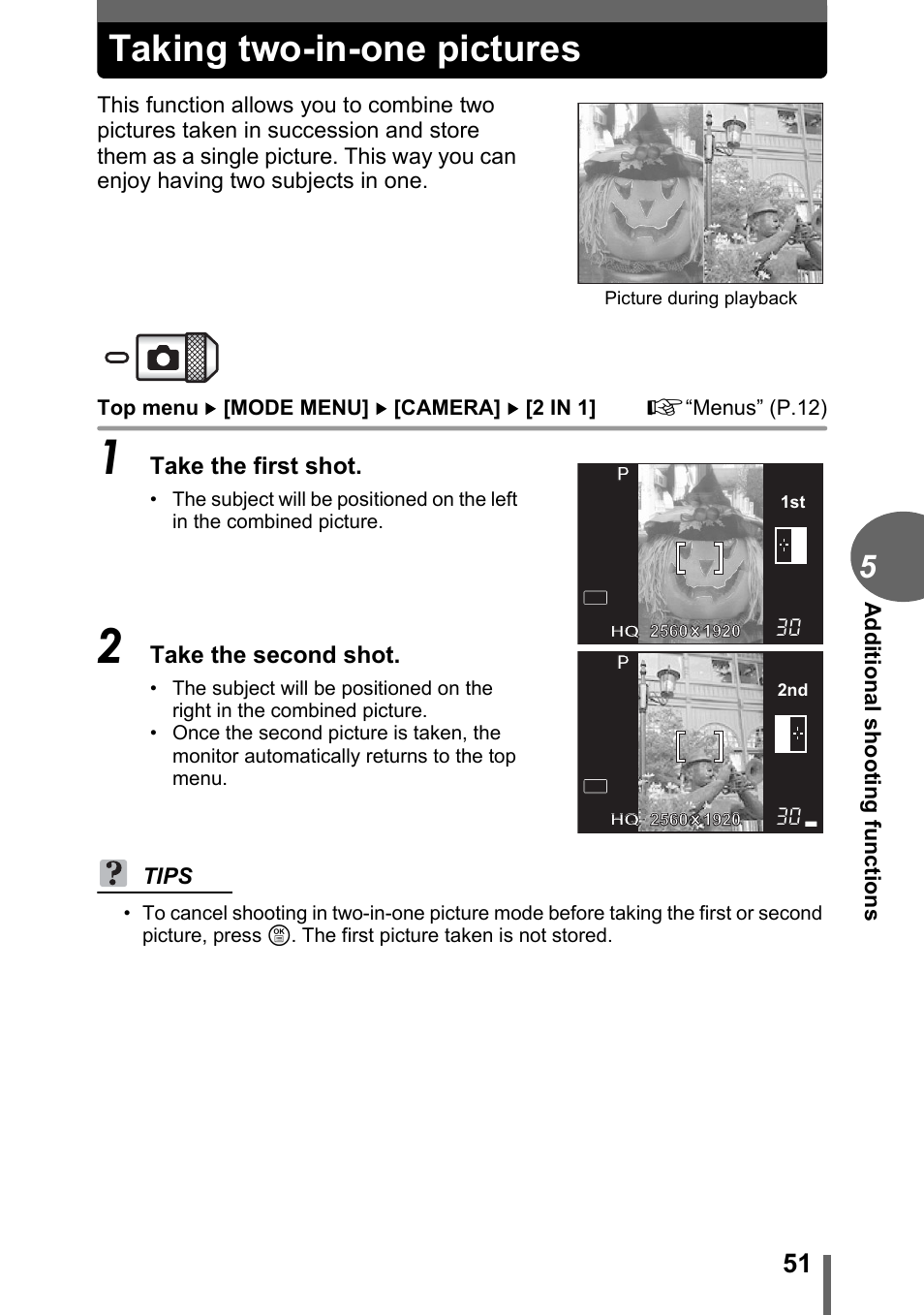 Taking two-in-one pictures | Olympus C-1 User Manual | Page 51 / 158