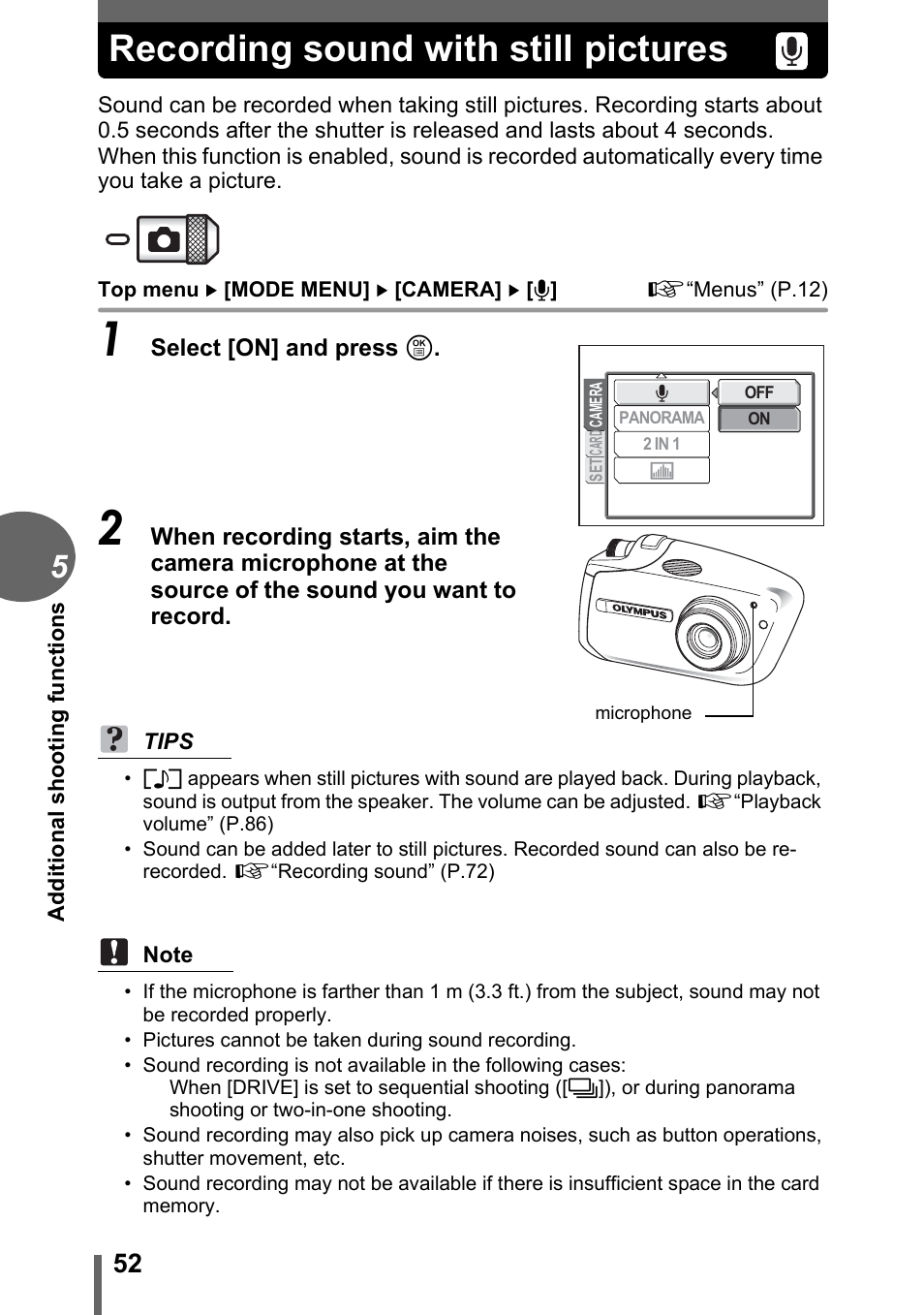 Recording sound with still pictures | Olympus C-1 User Manual | Page 52 / 158