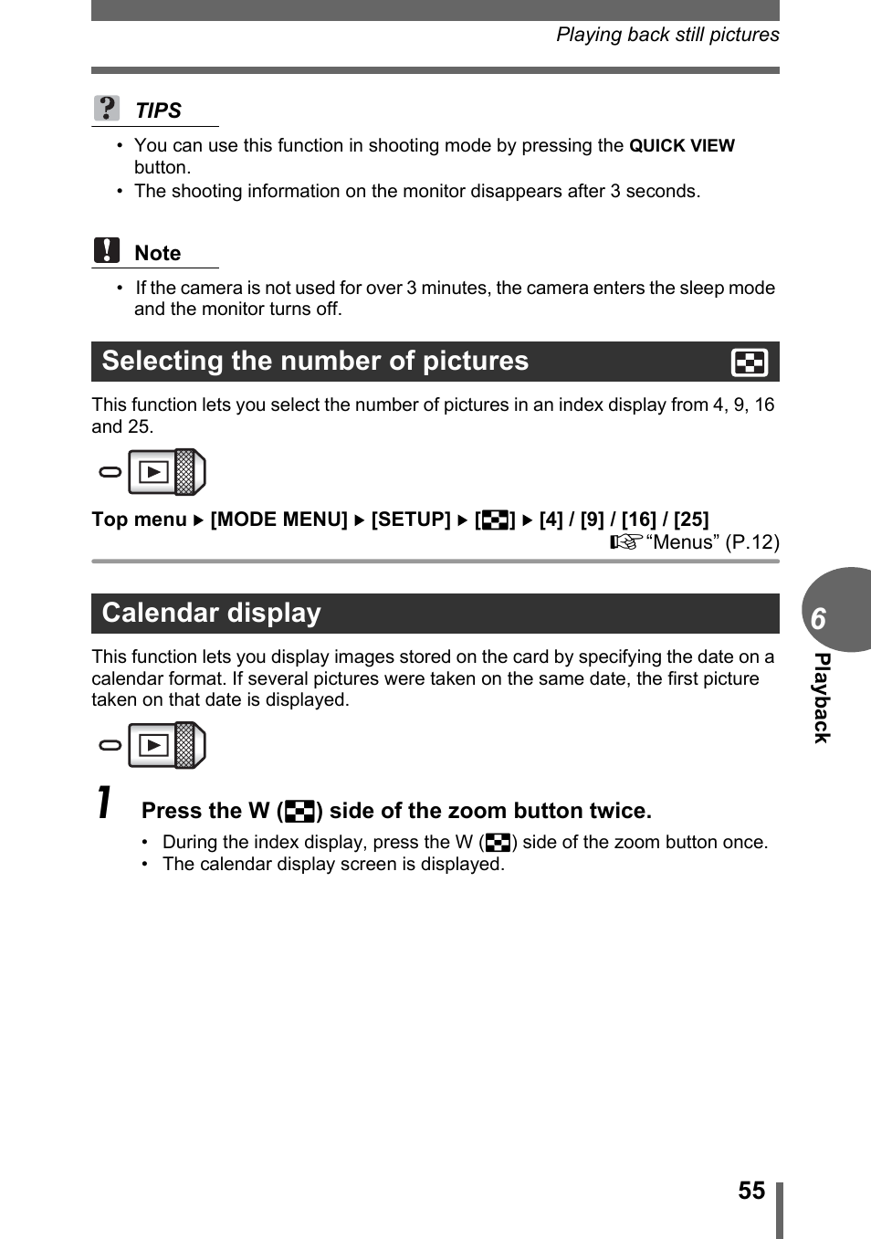 Selecting the number of pictures, Calendar display, Selecting the number of pictures calendar display | Olympus C-1 User Manual | Page 55 / 158