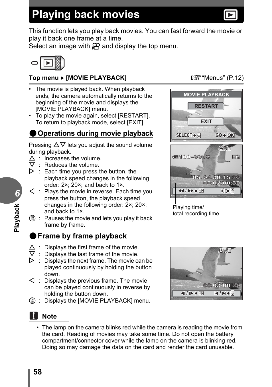 Playing back movies, Gp.58, Operations during movie playback | Frame by frame playback, Pl ay back | Olympus C-1 User Manual | Page 58 / 158