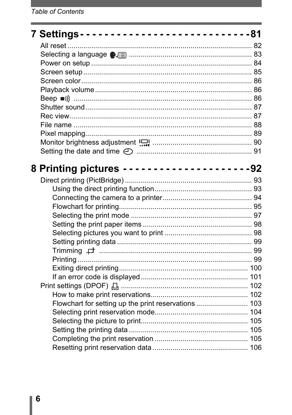 7 settings, 8 printing pictures | Olympus C-1 User Manual | Page 6 / 158