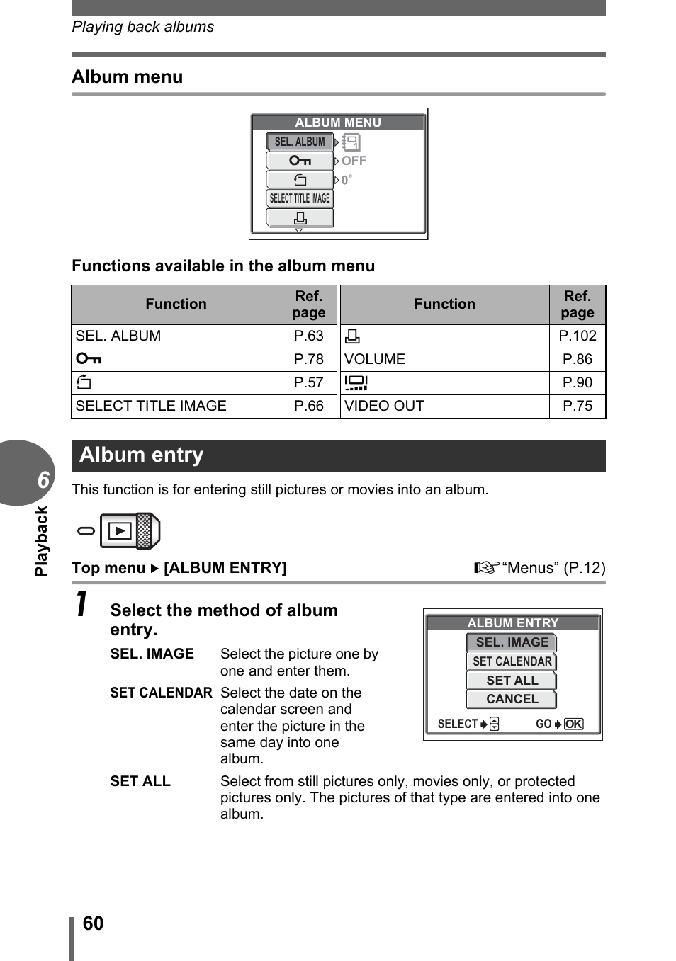 Album entry, P.60, Gp.60 | Album menu | Olympus C-1 User Manual | Page 60 / 158