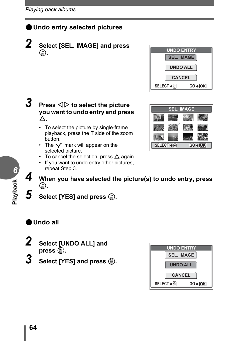 Undo entry selected pictures, Undo all | Olympus C-1 User Manual | Page 64 / 158