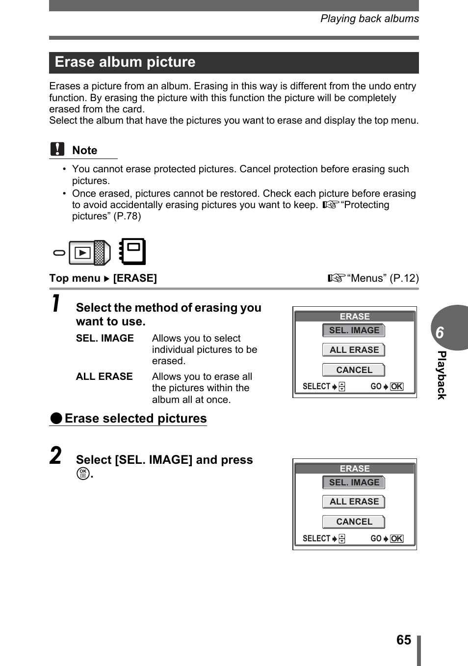 Erase album picture, P.65, Gp.65 | Olympus C-1 User Manual | Page 65 / 158