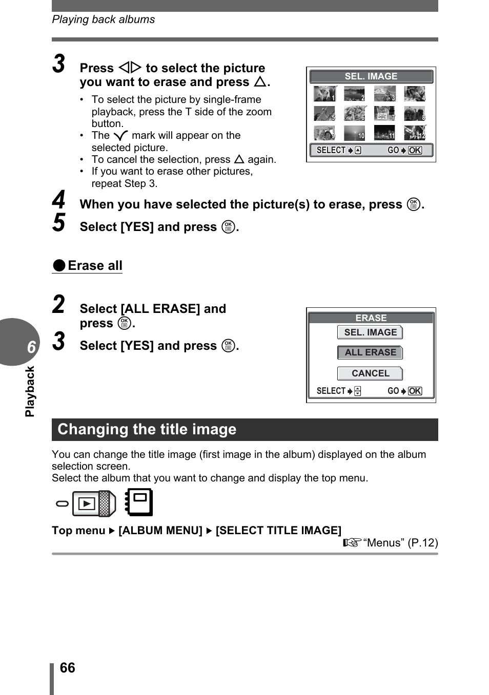 Changing the title image, P.66, Erase all | Olympus C-1 User Manual | Page 66 / 158