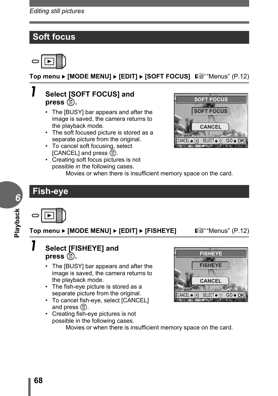 Soft focus, Fish-eye, Soft focus fish-eye | Olympus C-1 User Manual | Page 68 / 158