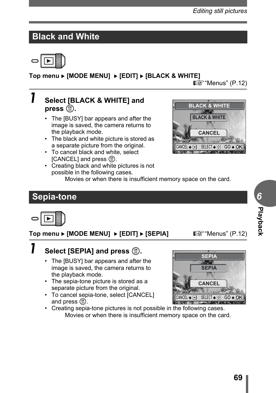 Black and white, Sepia-tone, Black and white sepia-tone | Olympus C-1 User Manual | Page 69 / 158