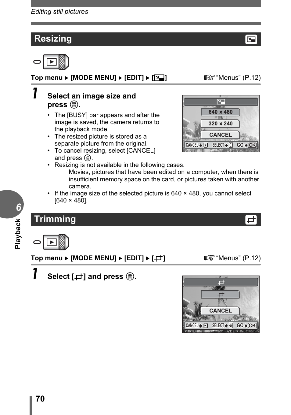 Resizing, Trimming, Resizing trimming | Olympus C-1 User Manual | Page 70 / 158