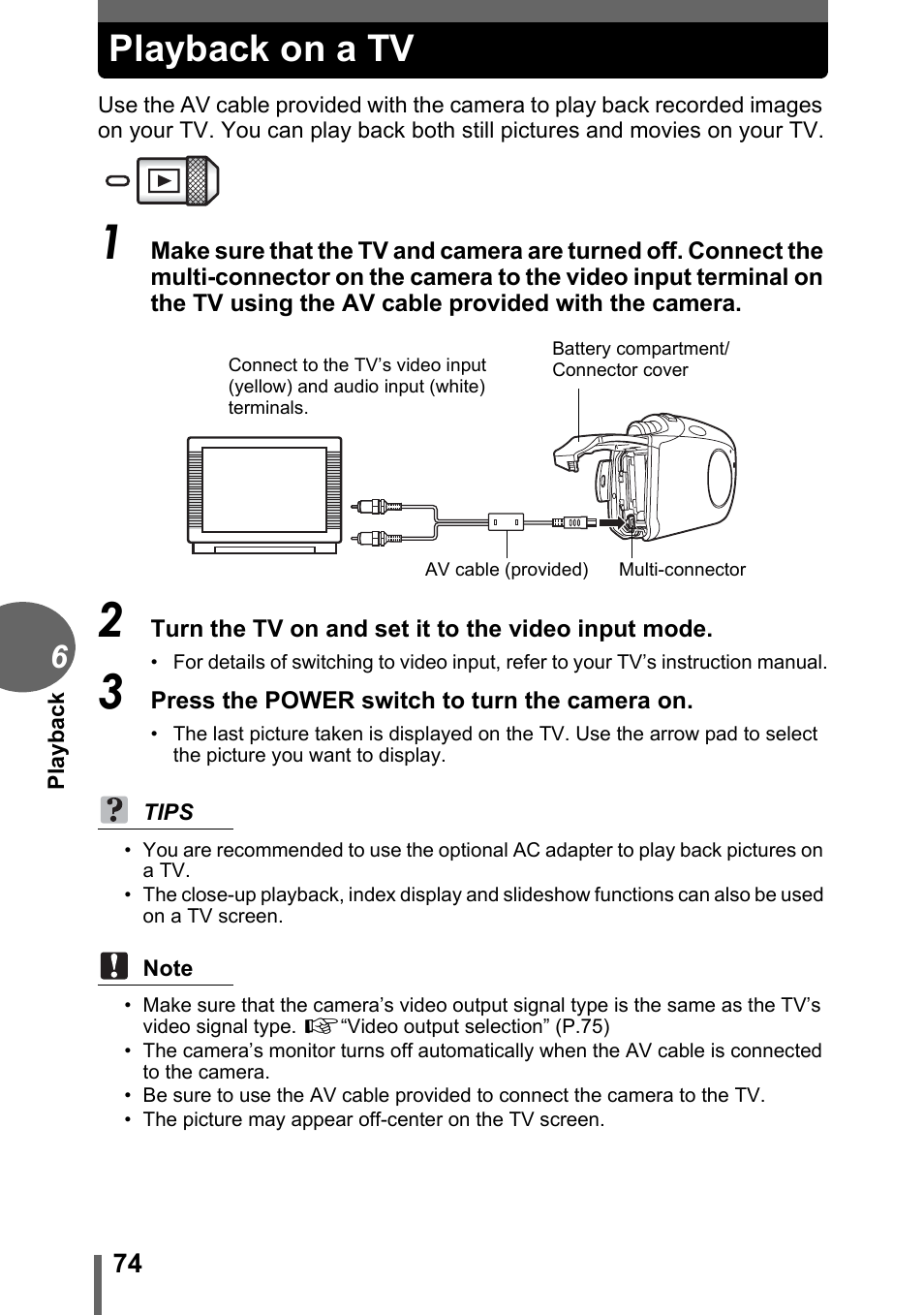 Playback on a tv | Olympus C-1 User Manual | Page 74 / 158