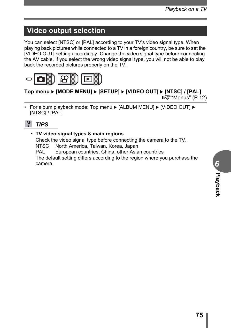 Video output selection, P.75 | Olympus C-1 User Manual | Page 75 / 158