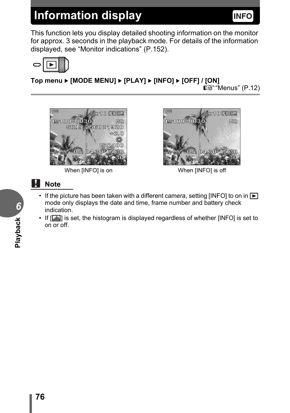 Information display, Pl ay back | Olympus C-1 User Manual | Page 76 / 158