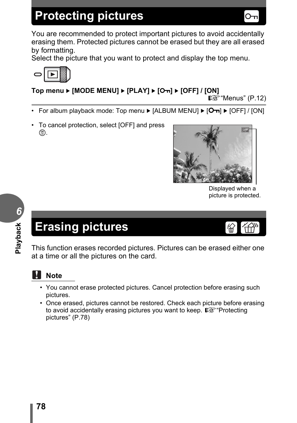 Protecting pictures, Erasing pictures, P.78 | Olympus C-1 User Manual | Page 78 / 158
