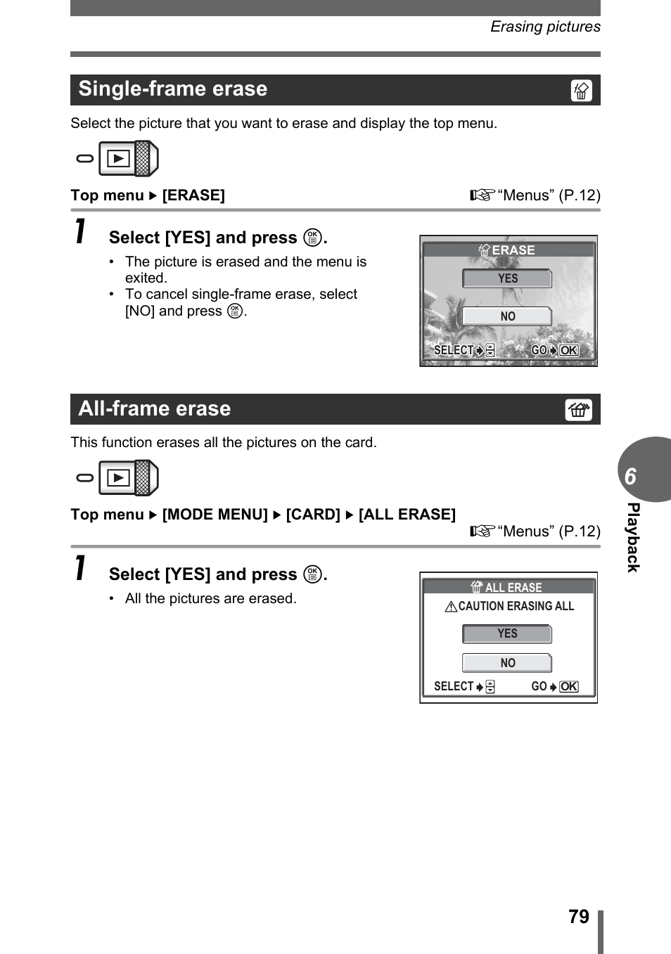 Single-frame erase, All-frame erase, P.79 | Gp.79, Single-frame erase all-frame erase | Olympus C-1 User Manual | Page 79 / 158