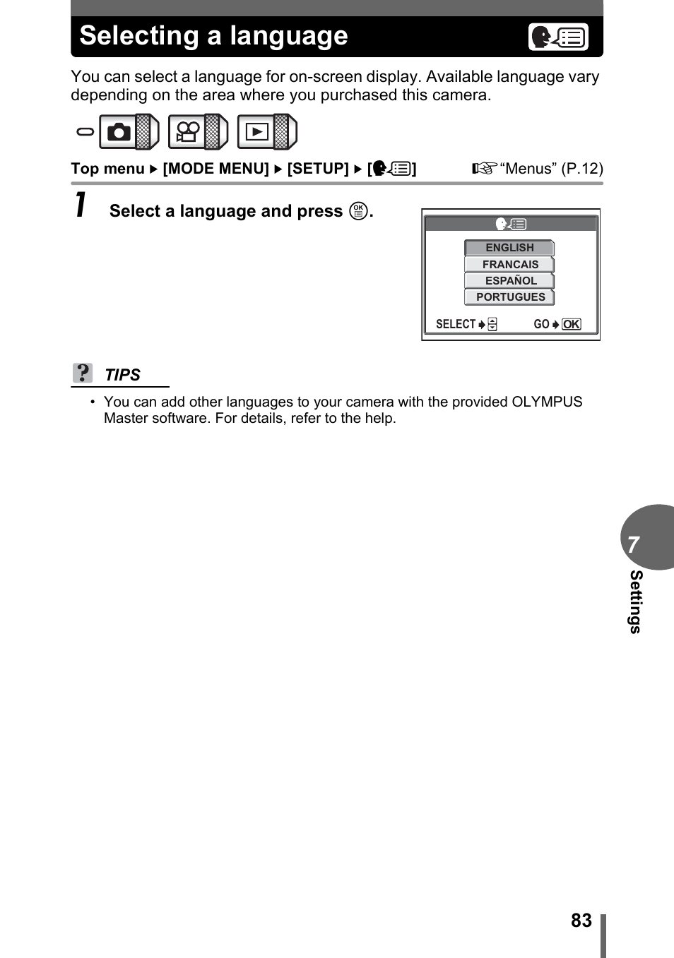 Selecting a language, G“selecting a, Language” (p.83) | Olympus C-1 User Manual | Page 83 / 158