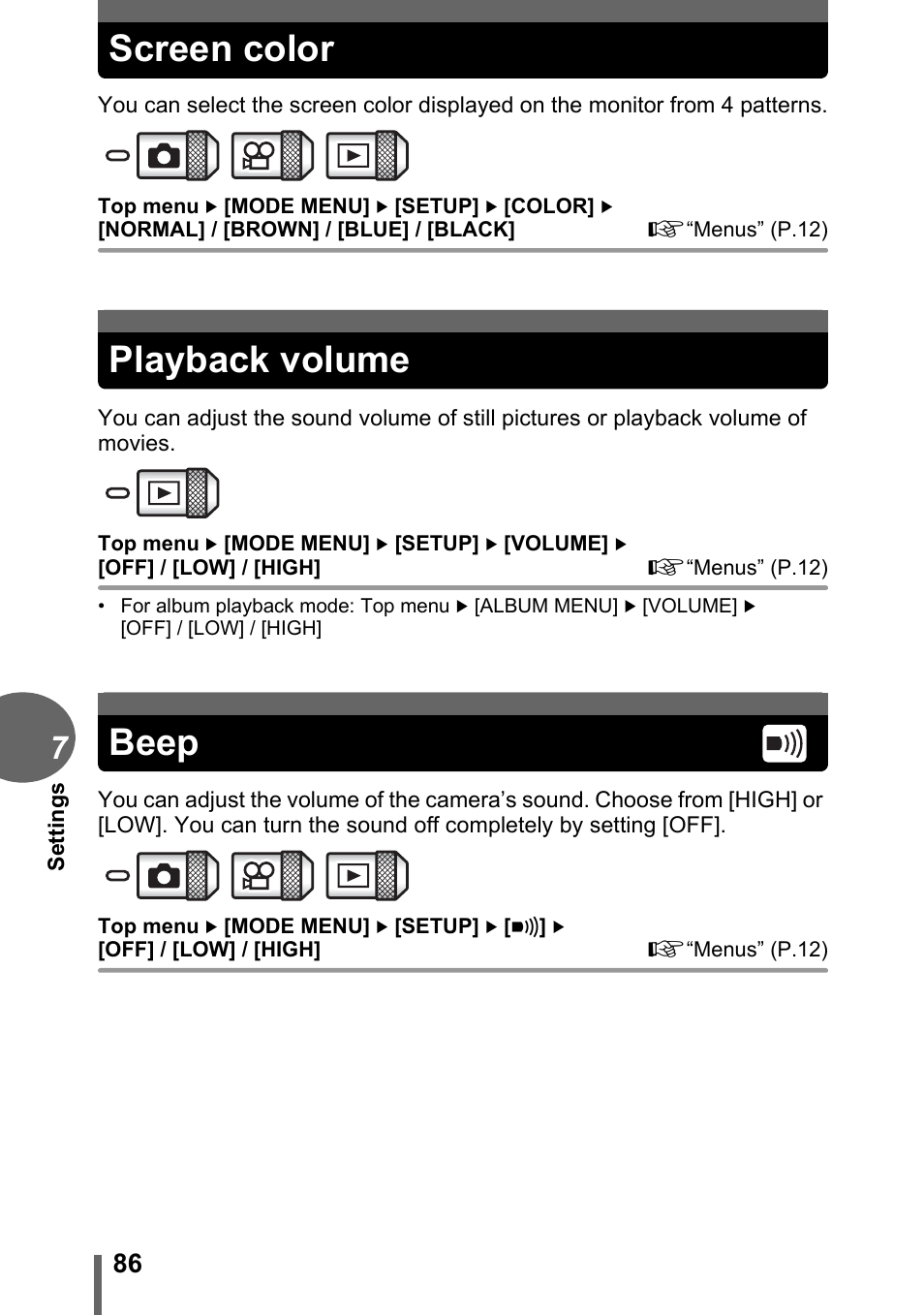 Screen color, Playback volume, Beep | Screen color playback volume beep, G“playback, Volume” (p.86), P.86, Playback volume beep | Olympus C-1 User Manual | Page 86 / 158