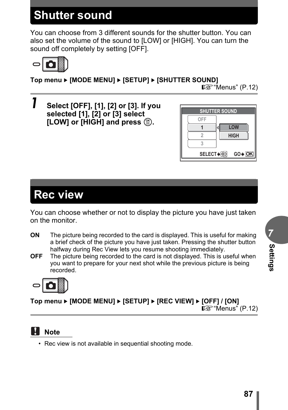 Shutter sound, Rec view, Shutter sound rec view | Olympus C-1 User Manual | Page 87 / 158