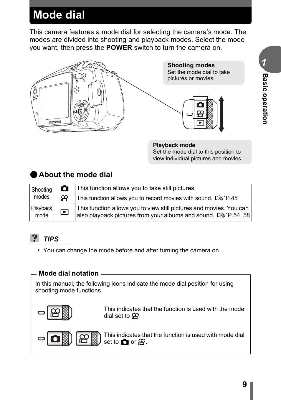 Mode dial, Mode dial” (p.9) | Olympus C-1 User Manual | Page 9 / 158
