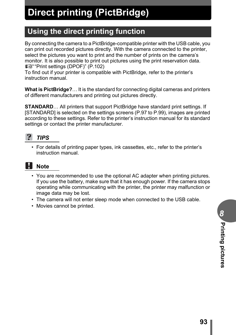 Direct printing (pictbridge), Using the direct printing function | Olympus C-1 User Manual | Page 93 / 158