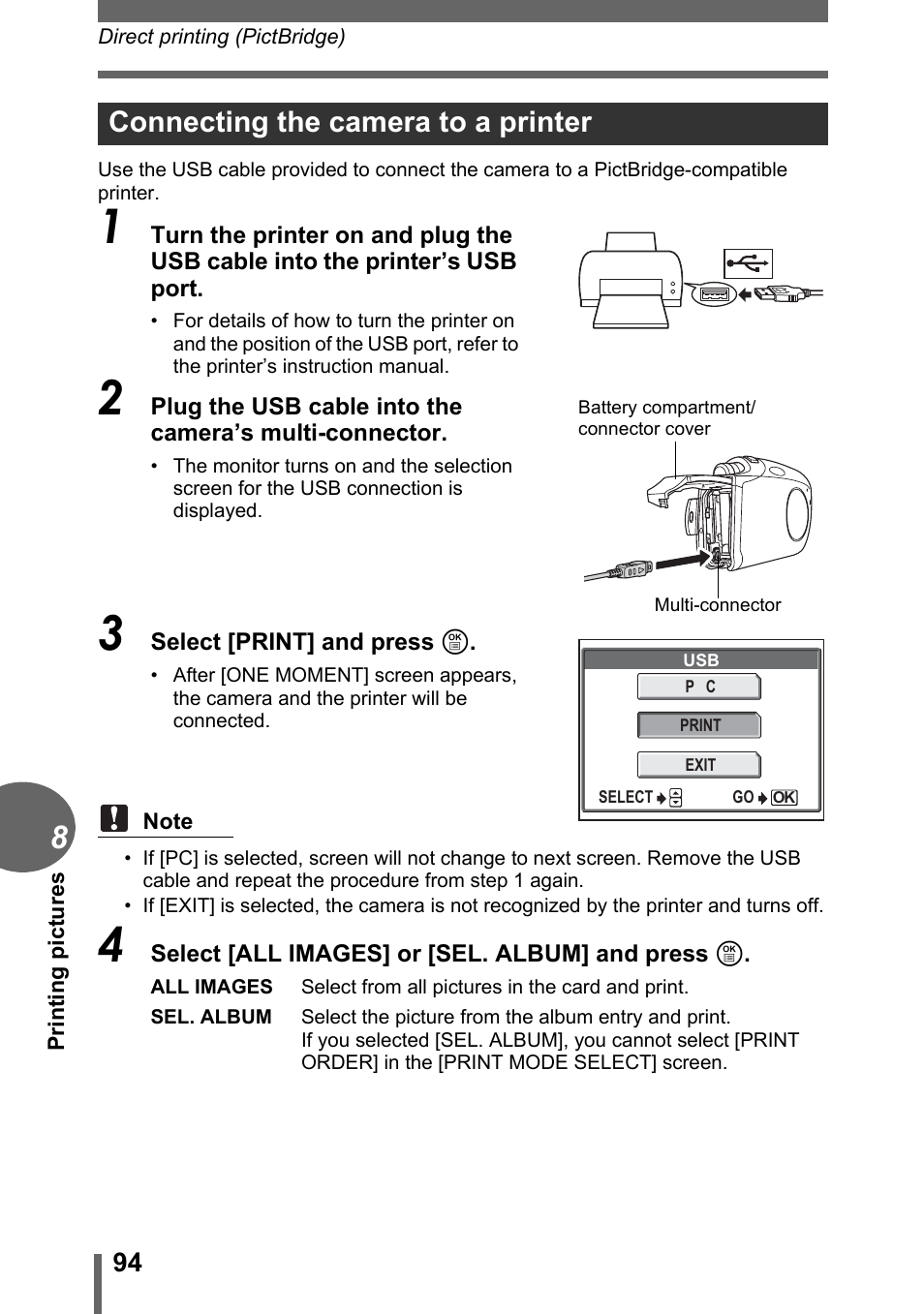 Connecting the camera to a printer | Olympus C-1 User Manual | Page 94 / 158