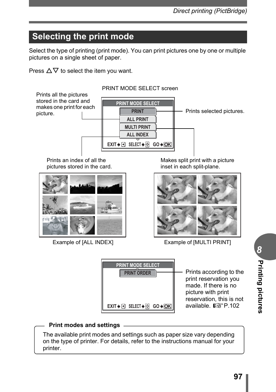 Selecting the print mode | Olympus C-1 User Manual | Page 97 / 158