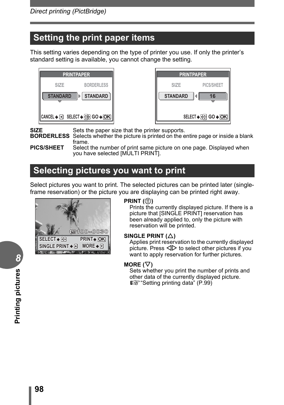 Setting the print paper items, Selecting pictures you want to print, Prin ti n g pi ct ur es | Olympus C-1 User Manual | Page 98 / 158