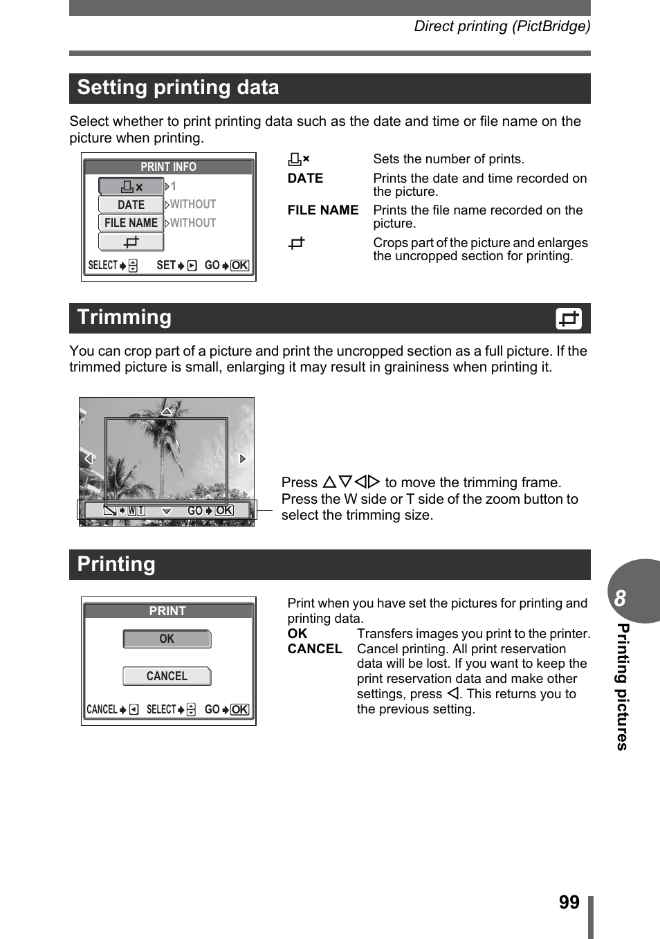 Setting printing data, Trimming, Printing | Setting printing data trimming, Setting printing data trimming printing, Prin tin g pi ct ur es | Olympus C-1 User Manual | Page 99 / 158