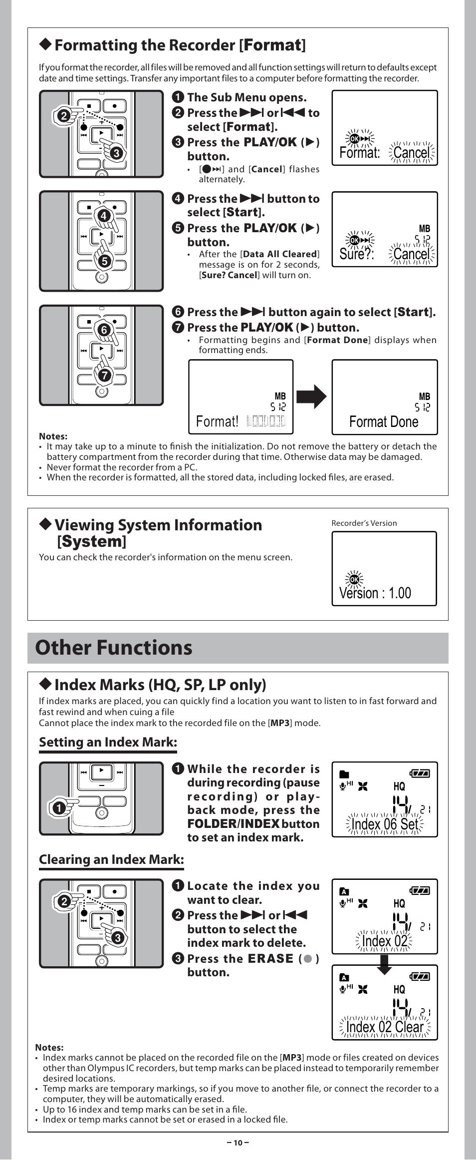Other functions, H index marks (hq, sp, lp only), H formatting the recorder [ format | H viewing system information [ system | Olympus VN-7600PC User Manual | Page 10 / 12