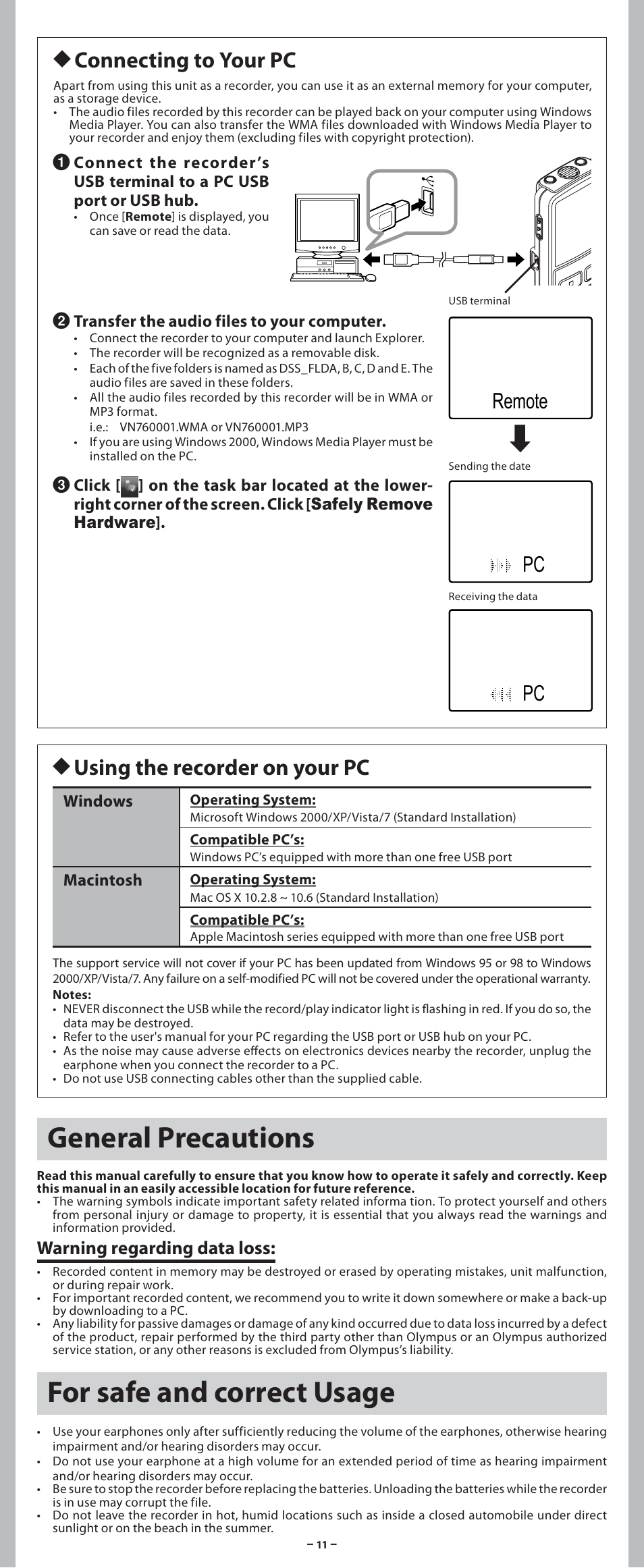 For safe and correct usage, General precautions, H connecting to your pc | H using the recorder on your pc, Remote pc pc, Warning regarding data loss | Olympus VN-7600PC User Manual | Page 11 / 12