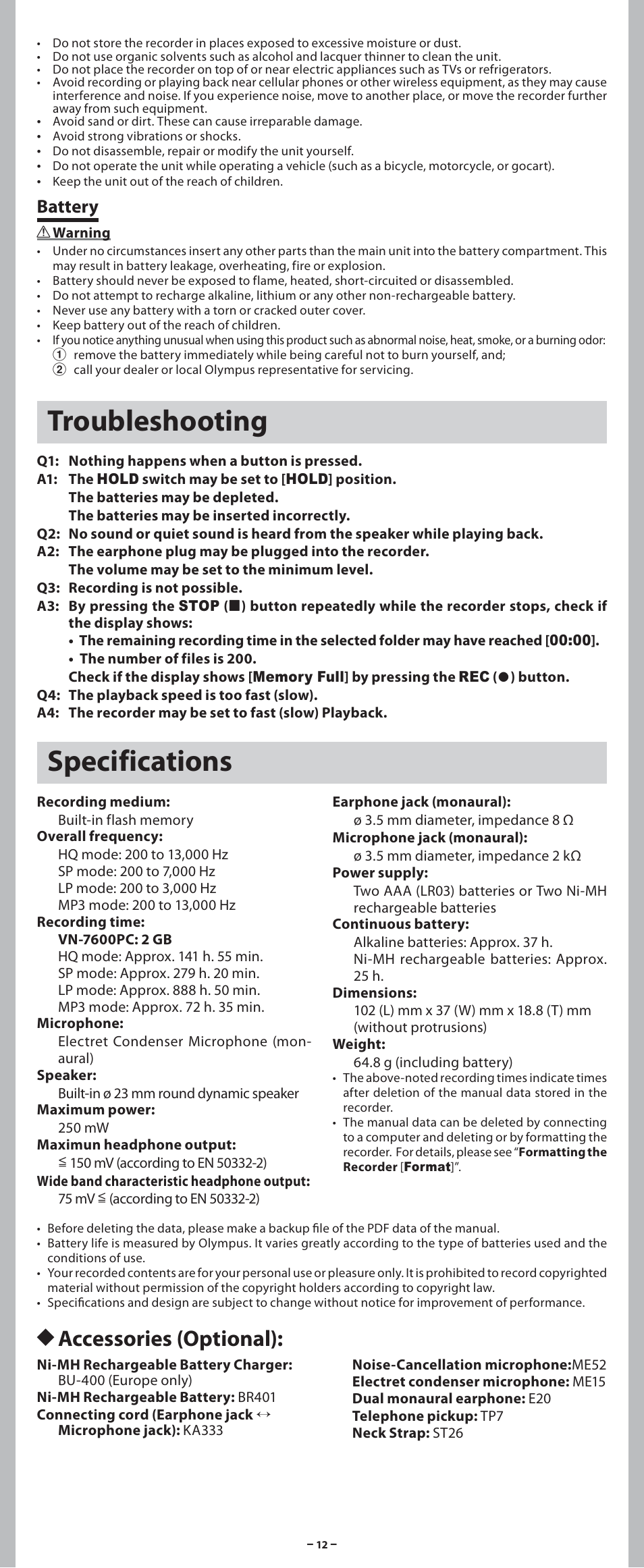 Troubleshooting, Specifications, H accessories (optional) | Battery | Olympus VN-7600PC User Manual | Page 12 / 12