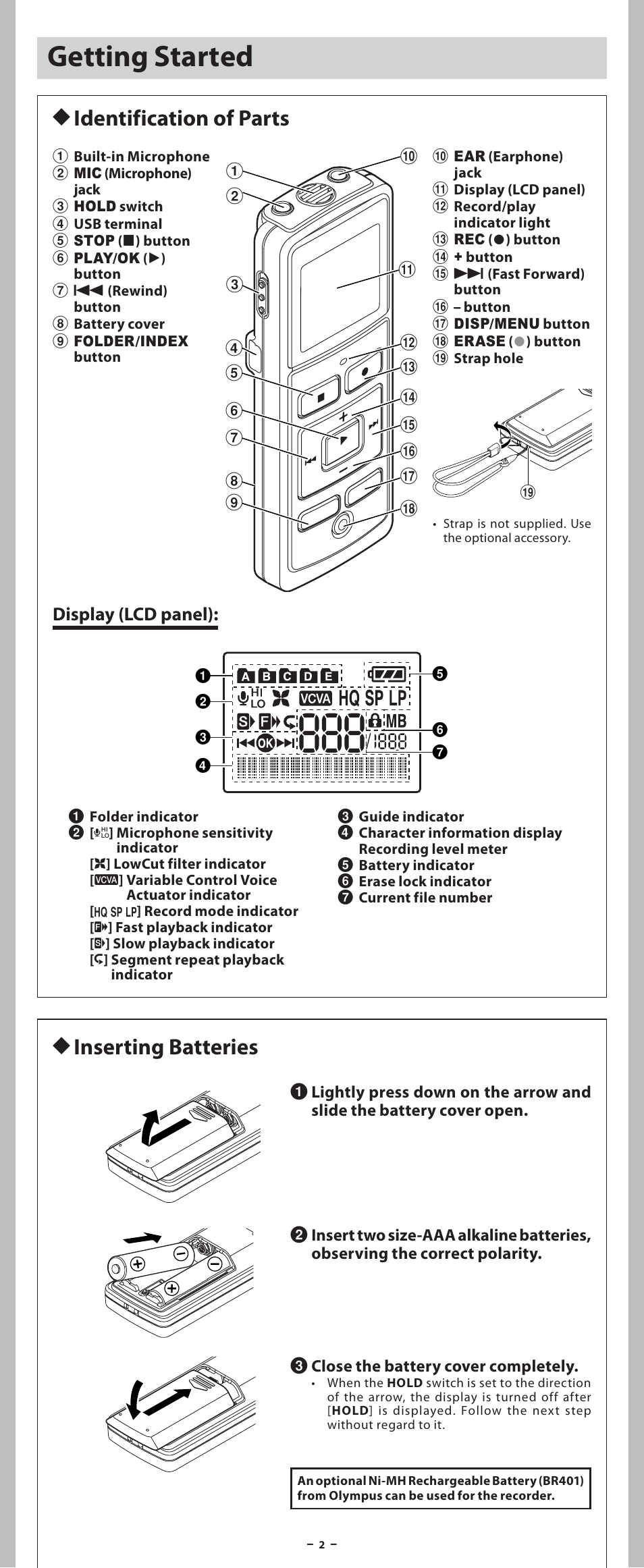 Getting started, H inserting batteries, H identification of parts | Display (lcd panel) | Olympus VN-7600PC User Manual | Page 2 / 12