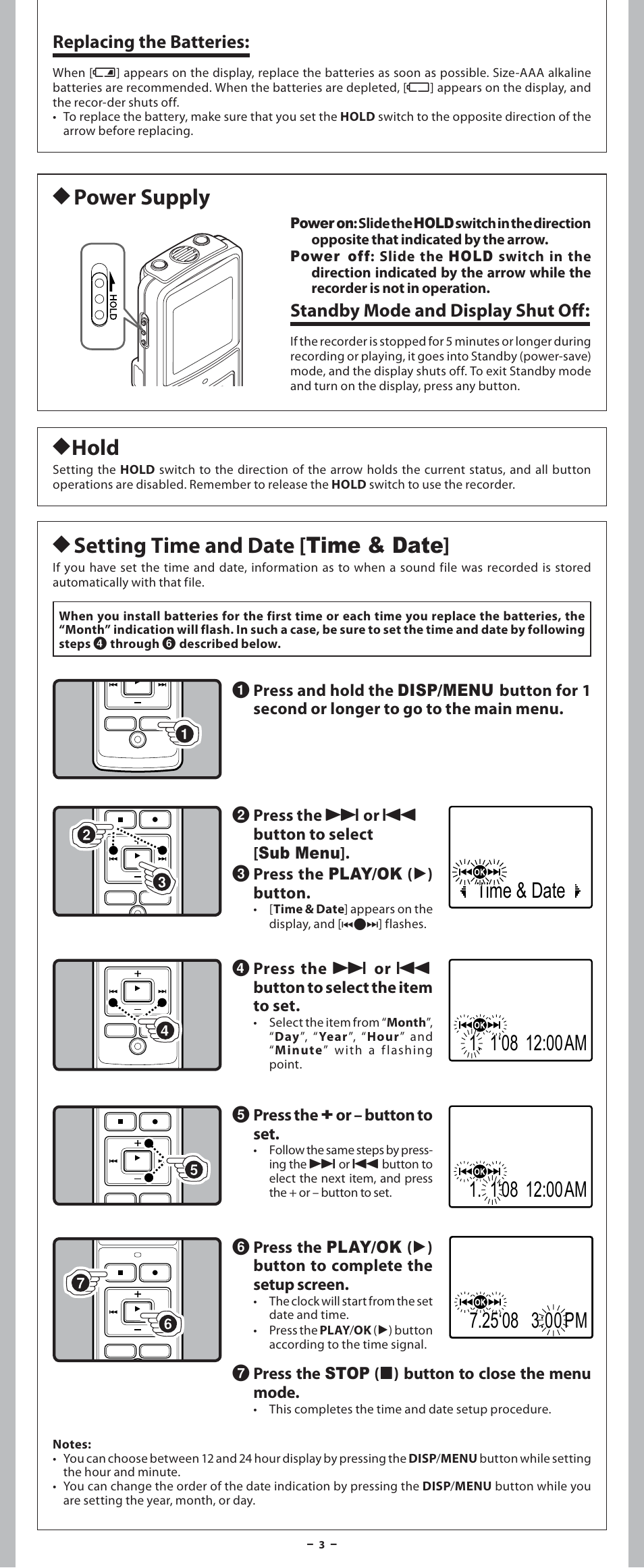 H power supply h hold, H setting time and date [ time & date, Replacing the batteries | Standby mode and display shut off | Olympus VN-7600PC User Manual | Page 3 / 12