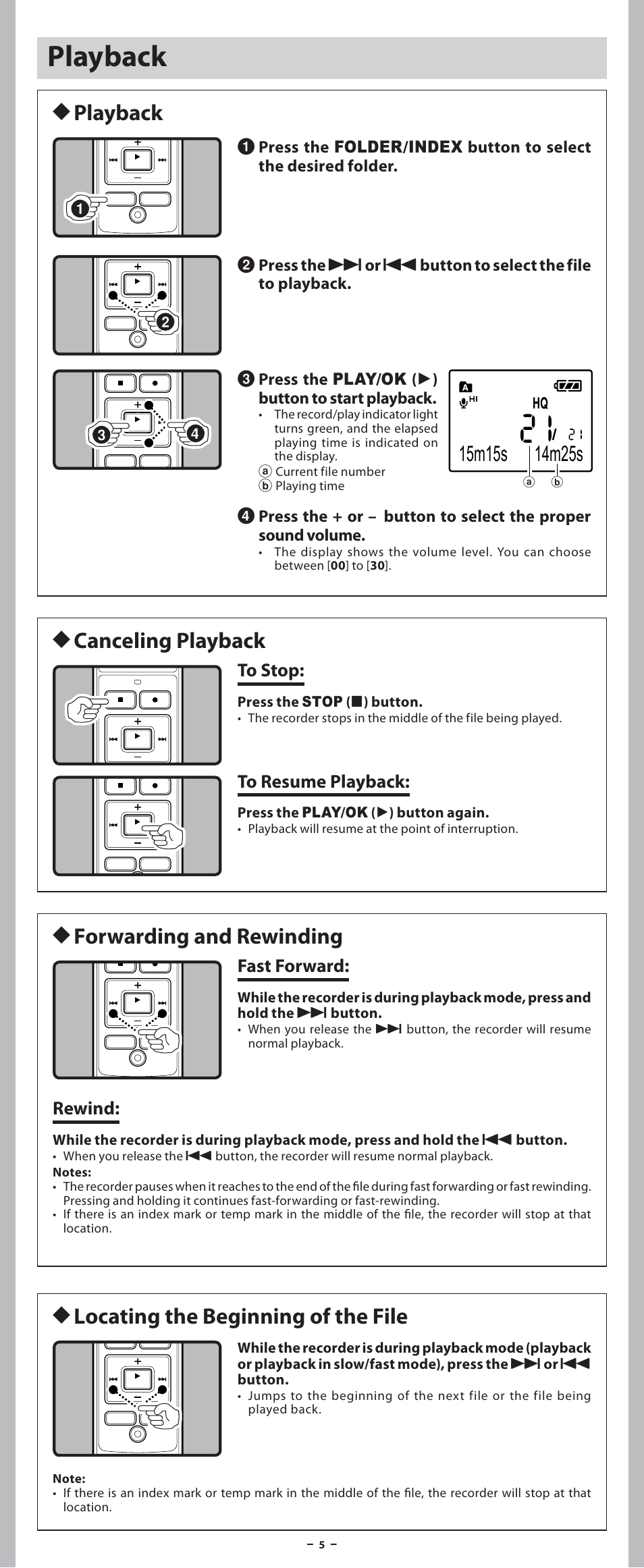 Playback, H canceling playback h forwarding and rewinding, H locating the beginning of the file | H playback, Fast forward, Rewind | Olympus VN-7600PC User Manual | Page 5 / 12