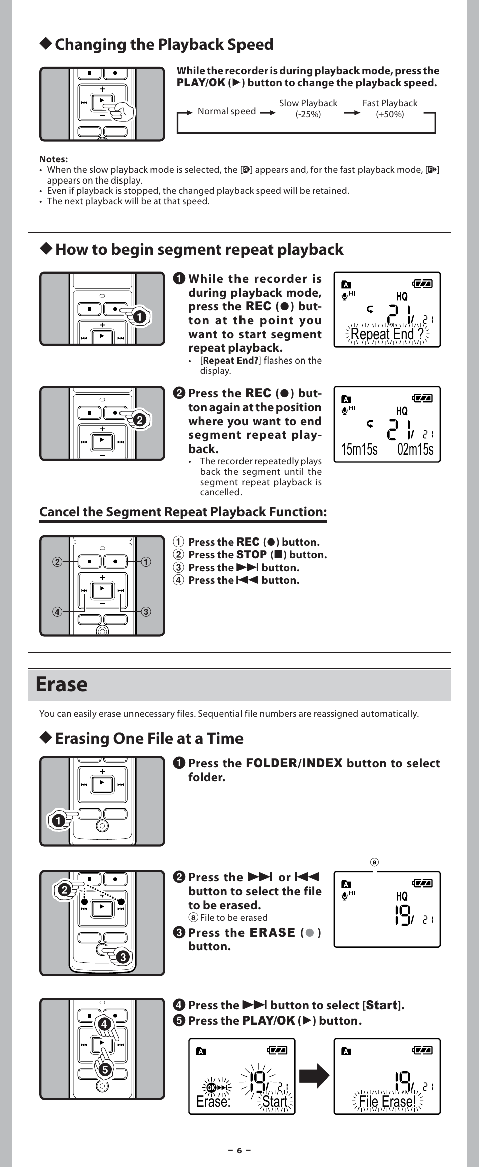 Erase, H changing the playback speed, Erase: start file erase | Cancel the segment repeat playback function | Olympus VN-7600PC User Manual | Page 6 / 12