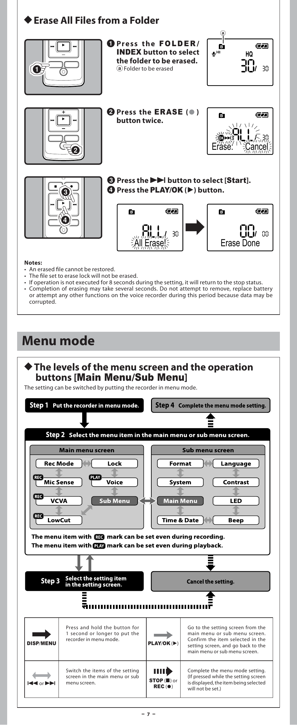 Menu mode, H erase all files from a folder, Erase: cancel all erase! erase done | Olympus VN-7600PC User Manual | Page 7 / 12