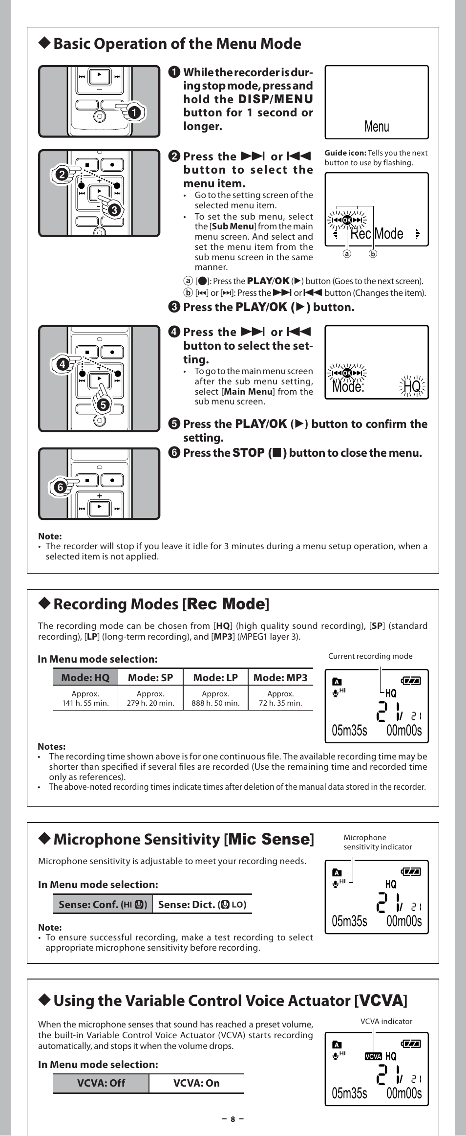 H recording modes [ rec mode, H basic operation of the menu mode, Menu rec mode | Olympus VN-7600PC User Manual | Page 8 / 12