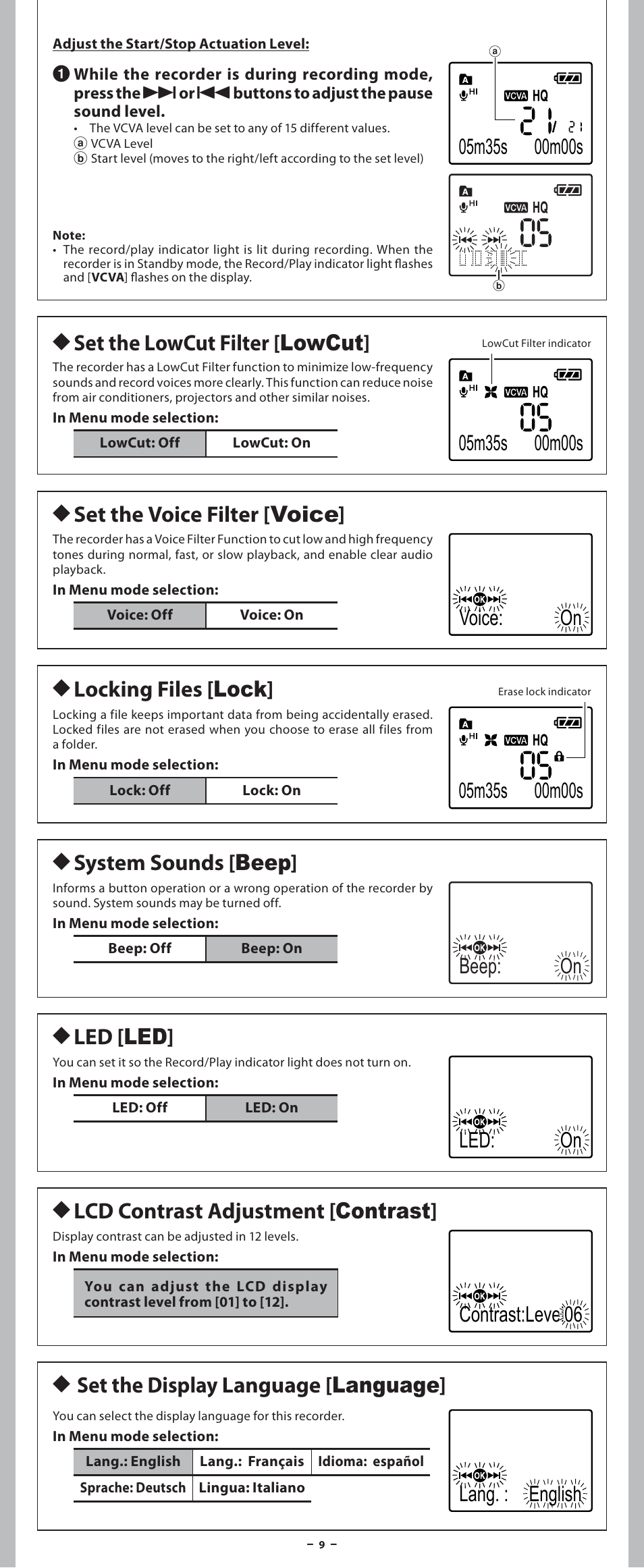 H set the lowcut filter [ lowcut, H locking files [ lock, H system sounds [ beep | H led [ led, H lcd contrast adjustment [ contrast | Olympus VN-7600PC User Manual | Page 9 / 12