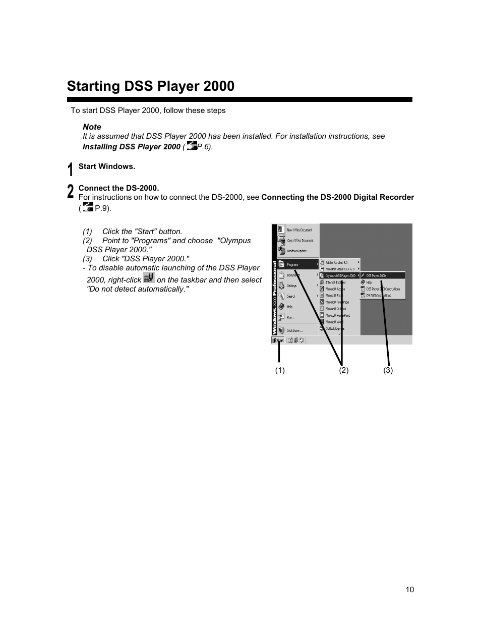 Starting dss player 2000 | Olympus 2000 User Manual | Page 10 / 54