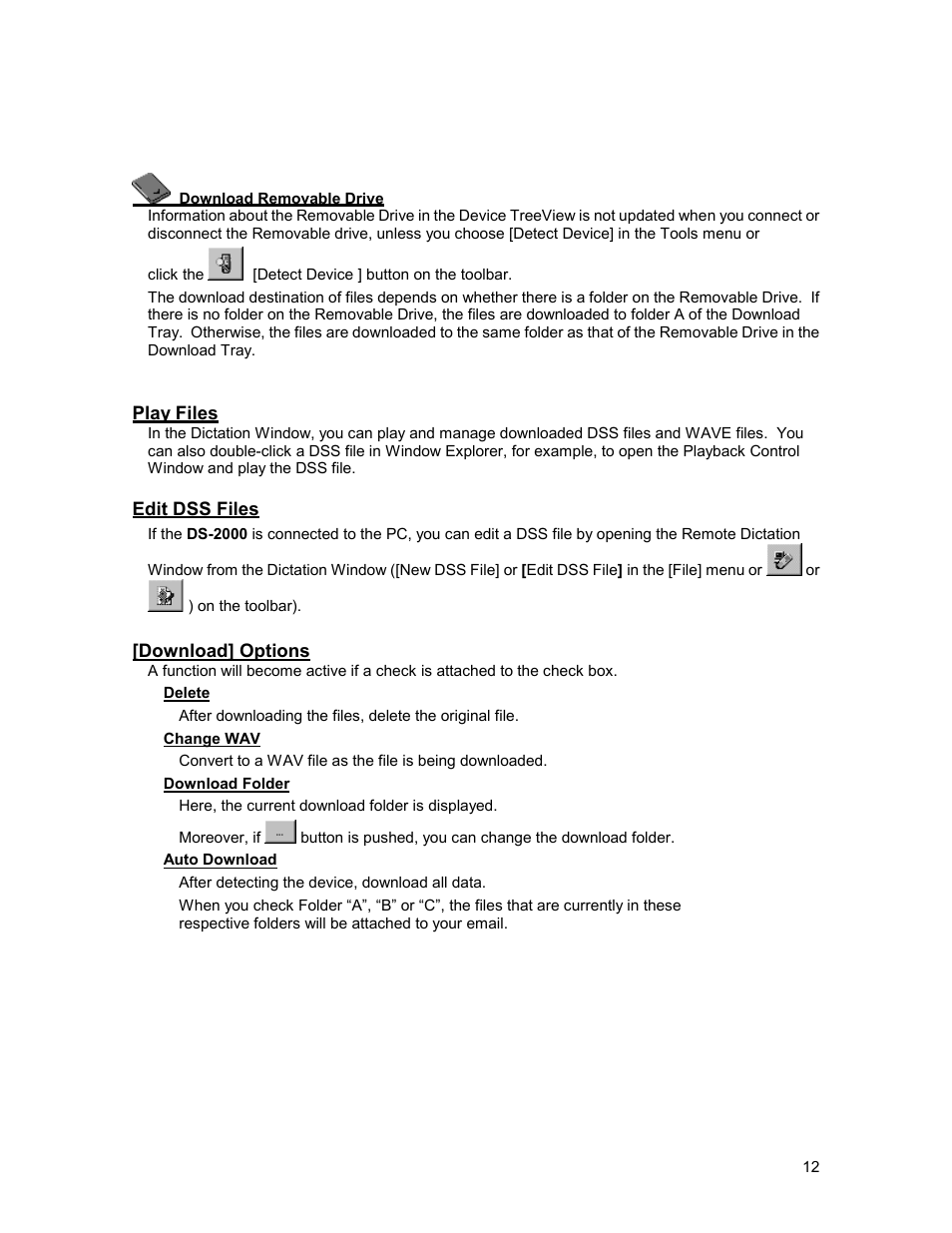 Play files, Edit dss files, Download] options | Olympus 2000 User Manual | Page 12 / 54