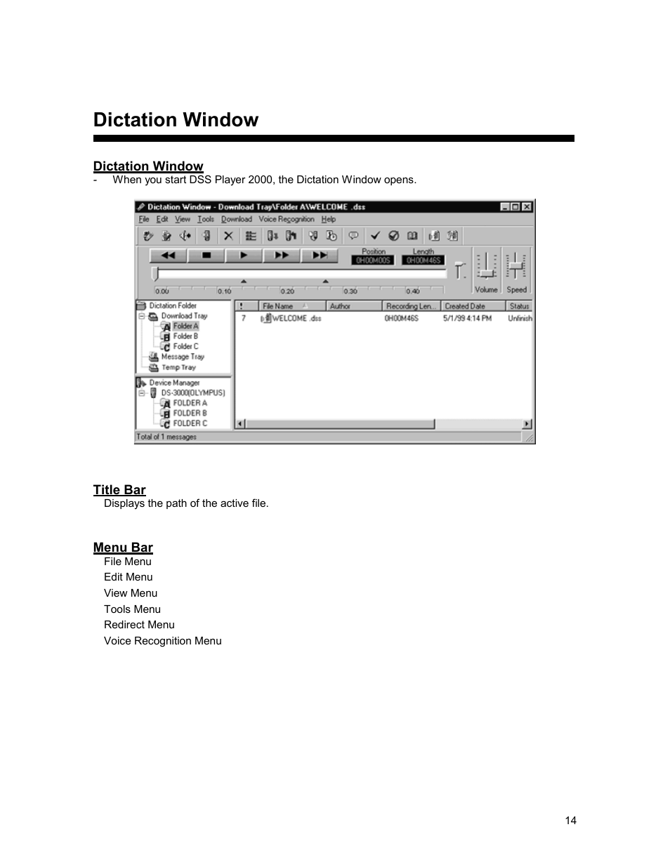 Dictation window, Title bar, Menu bar | Olympus 2000 User Manual | Page 14 / 54