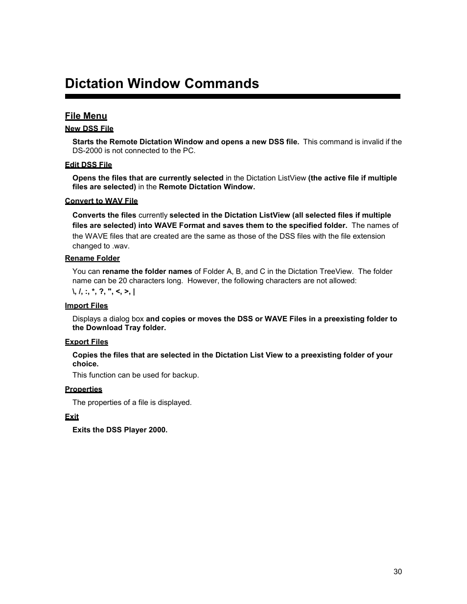 Dictation window commands, File menu | Olympus 2000 User Manual | Page 30 / 54