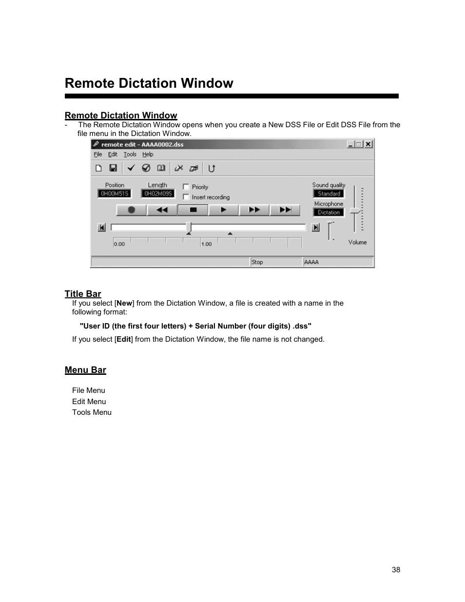 Remote dictation window, Title bar, Menu bar | Olympus 2000 User Manual | Page 38 / 54