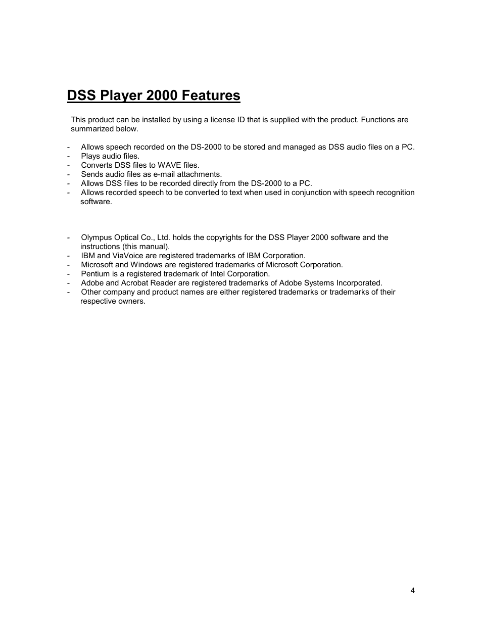 Dss player 2000 features | Olympus 2000 User Manual | Page 4 / 54