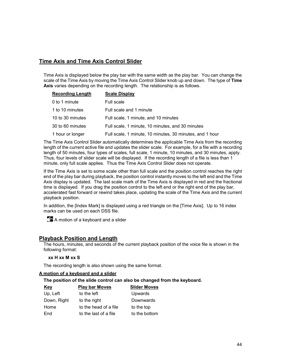 Time axis and time axis control slider, Playback position and length | Olympus 2000 User Manual | Page 44 / 54