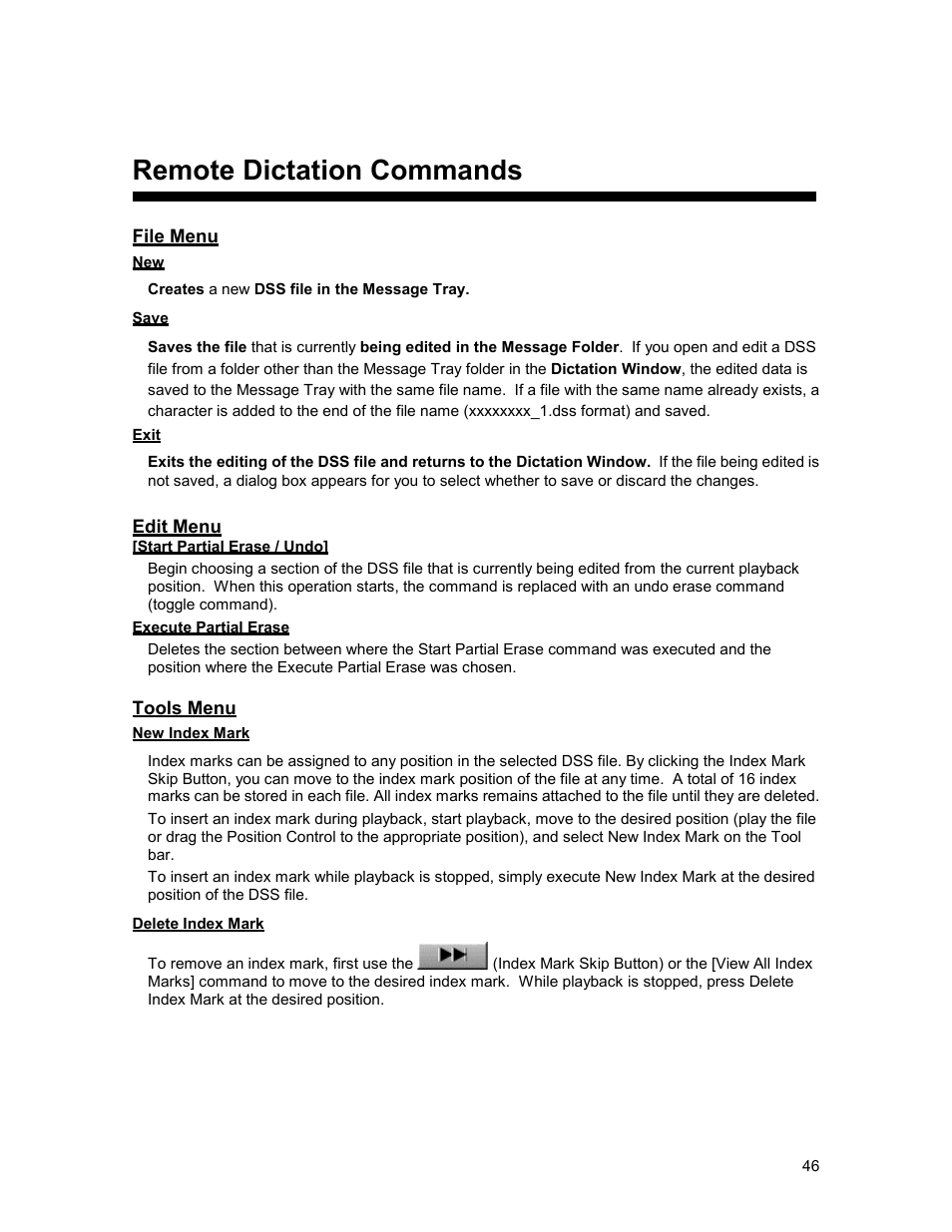 Remote dictation commands, File menu, Edit menu | Tools menu | Olympus 2000 User Manual | Page 46 / 54