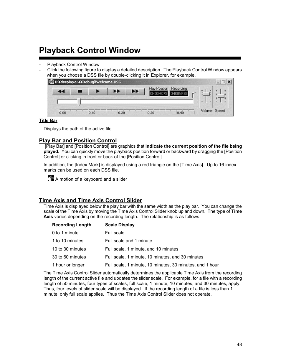 Playback control window, Play bar and position control, Time axis and time axis control slider | Olympus 2000 User Manual | Page 48 / 54